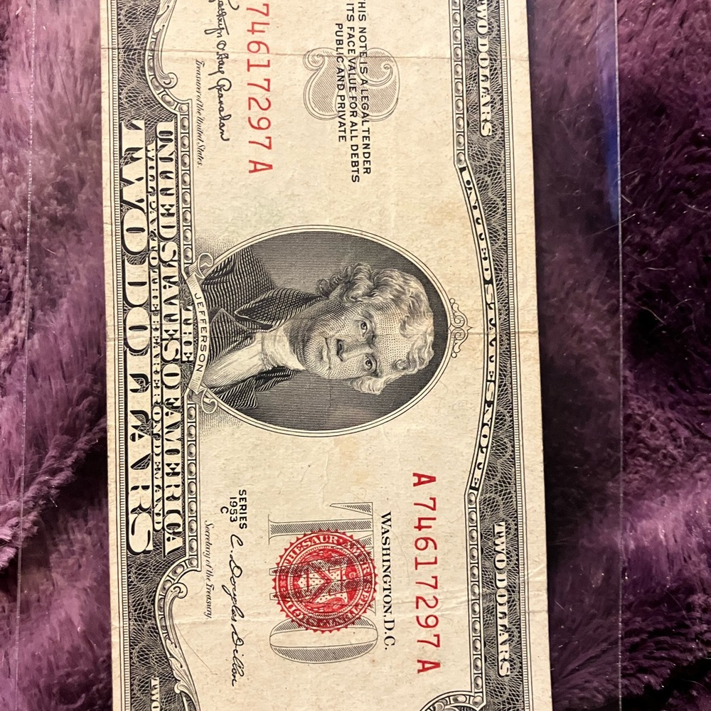 1953 red seal 2 dollar bill